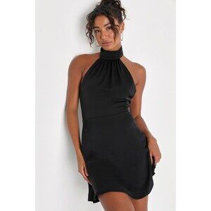 Lulus Give 'em Glam Black Satin Sleeveless Halter Mini Dress - Size XS